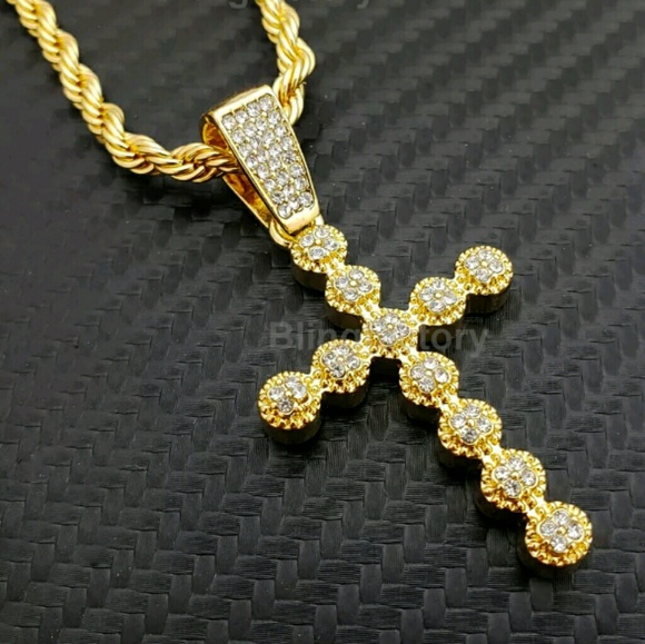 Hip Hop Iced out Bubble style Cross Pendant & 4mm - Picture 1 of 4